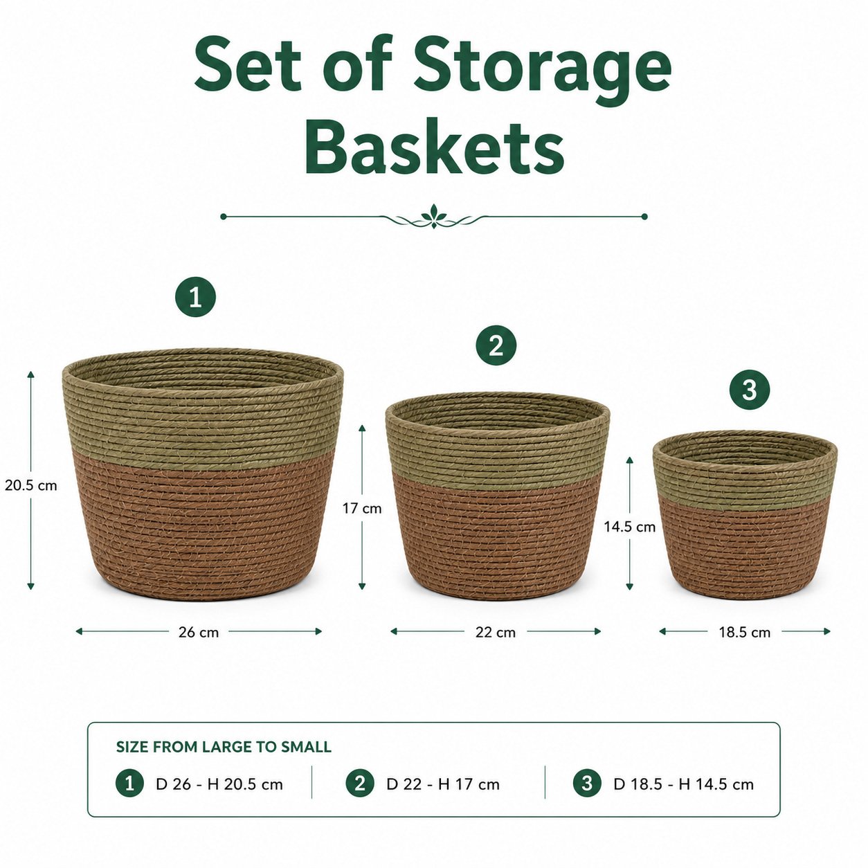 storage baskets set of 3 with natural seagrass and green top, ideal for stylish home organization and decorative storage.