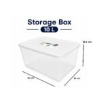 rectangular plastic storage box with secure white snap-on lid for household organization and food storage.
