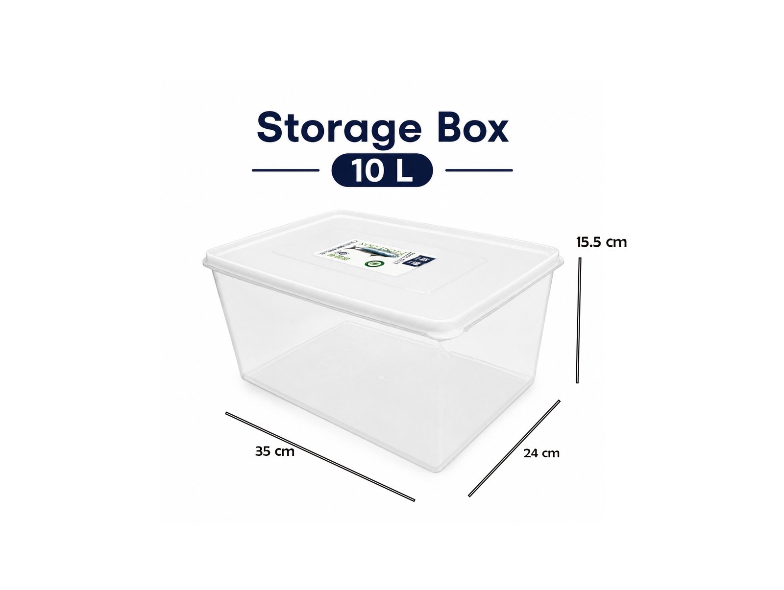 rectangular plastic storage box with secure white snap-on lid for household organization and food storage.