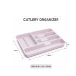 5-compartment plastic cutlery organizer tray for kitchen drawers, available in pink, white, grey, and greige, size 38 × 30.5 × 5 cm.
