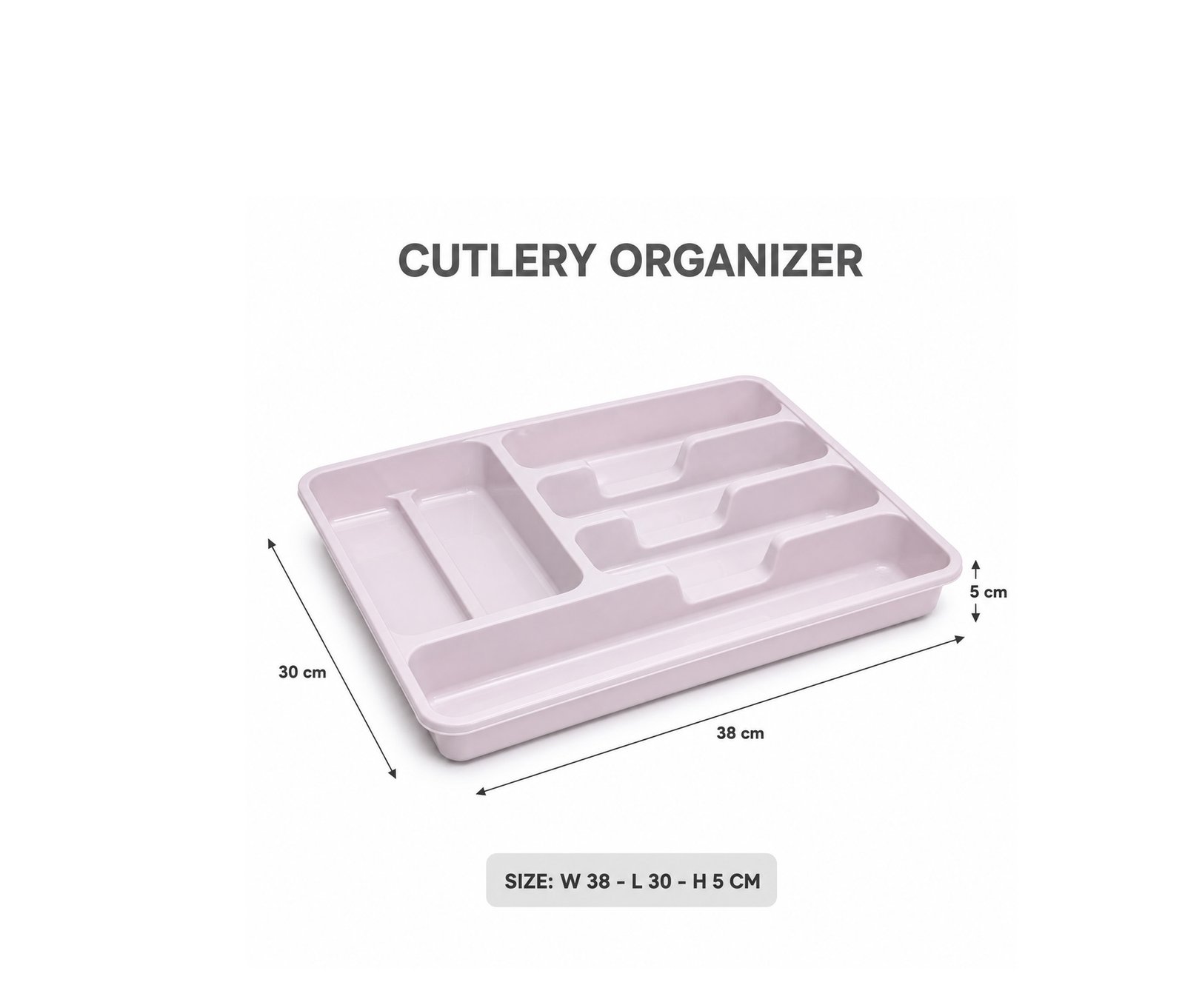 5-compartment plastic cutlery organizer tray for kitchen drawers, available in pink, white, grey, and greige, size 38 × 30.5 × 5 cm.