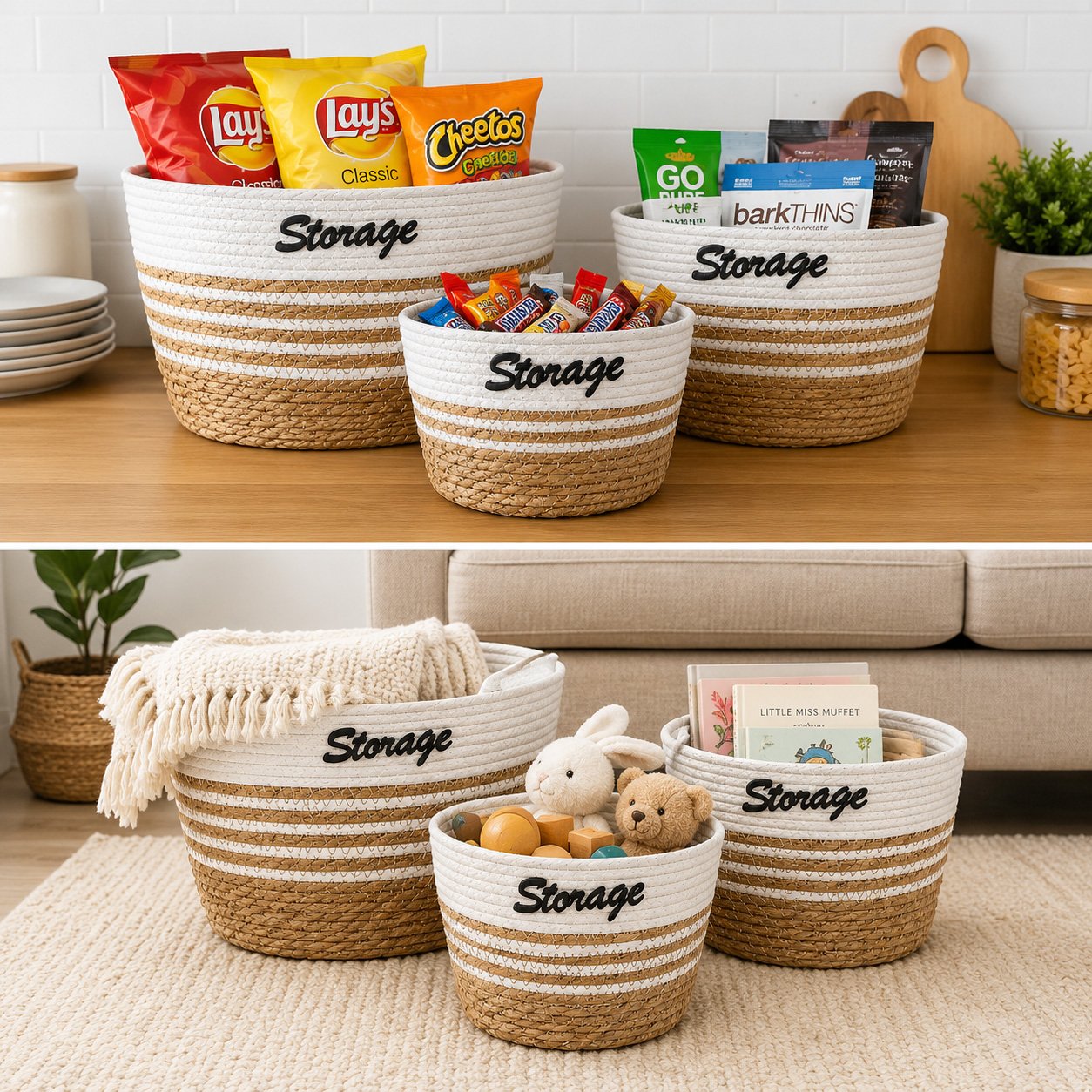 Round Seagrass Storage Baskets Set of 3 White Top