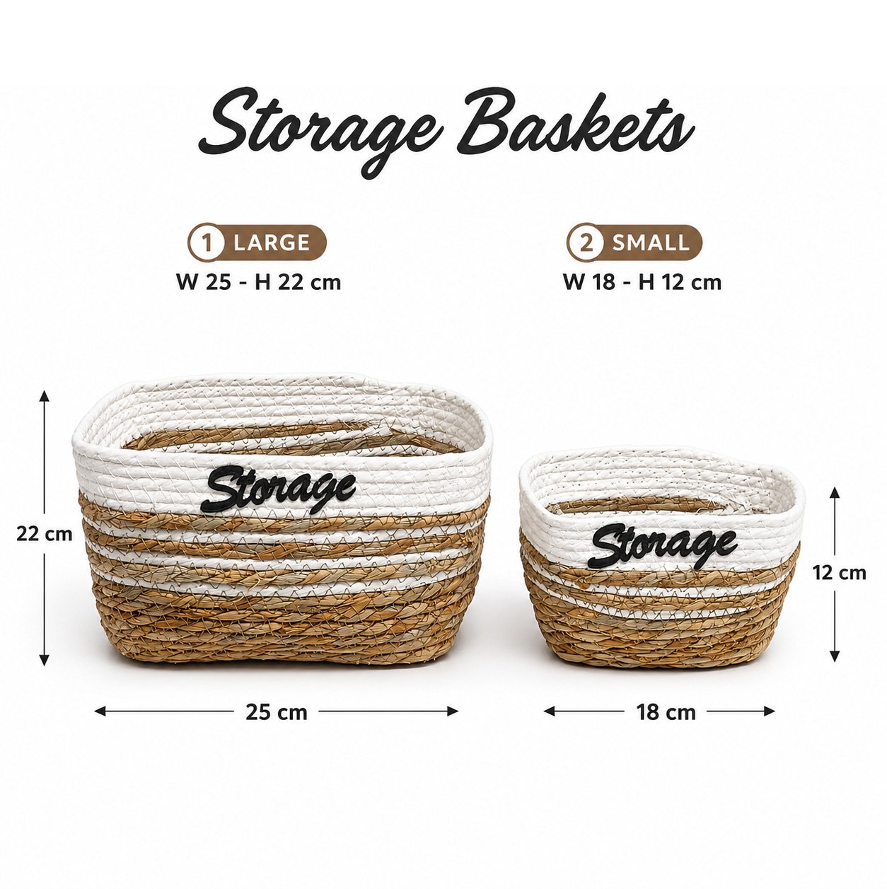 Storage Baskets Set of 3 White Top Natural Seagrass