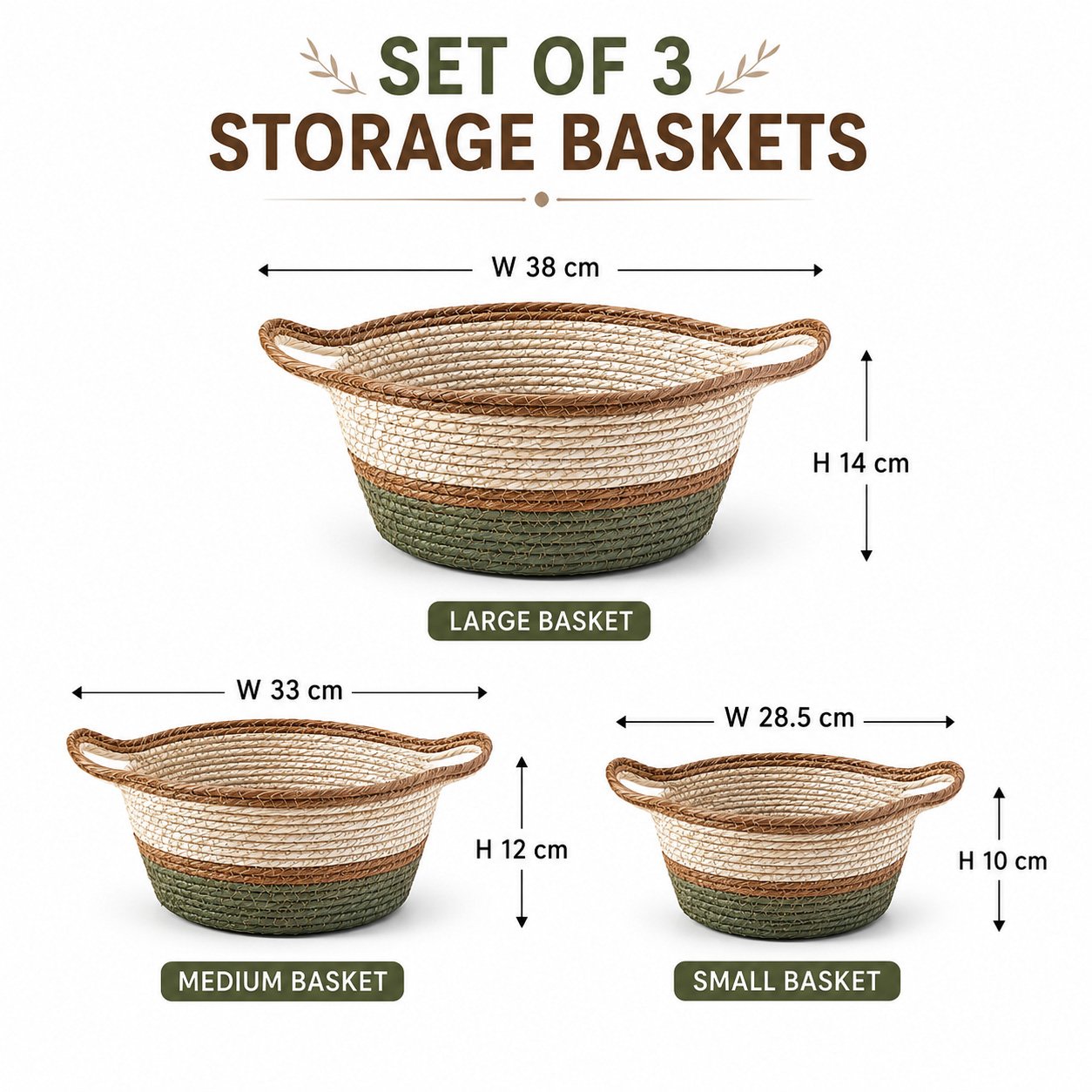 Seagrass Storage Basket Set of 3 with Handles