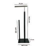 black free-standing toilet paper holder with silver dispenser arm