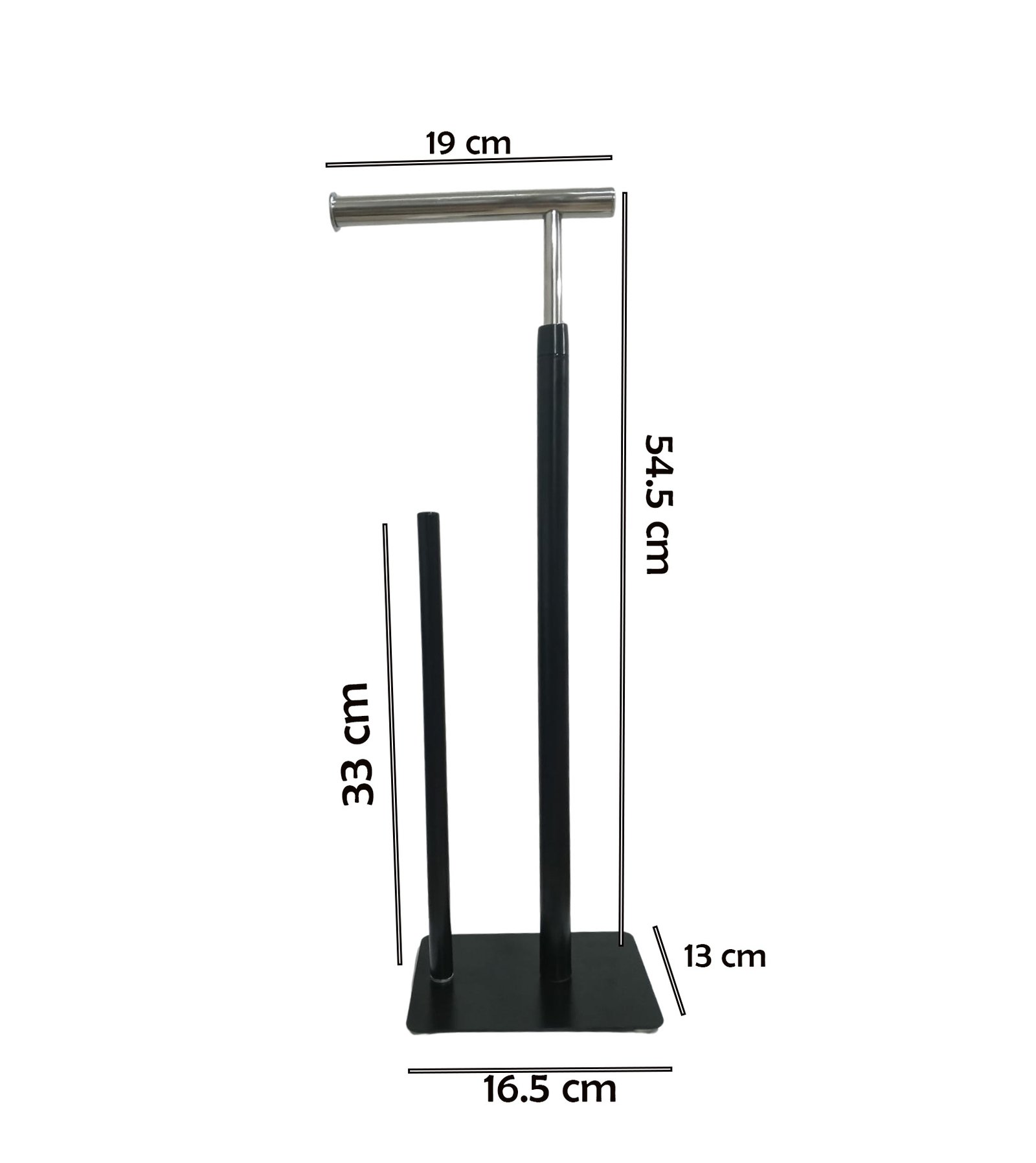black free-standing toilet paper holder with silver dispenser arm
