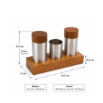 stainless steel seasoning set with wooden salt and pepper shakers, toothpick holder, and matching wooden stand for dining tables.