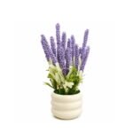 plant with realistic flowers in a white ribbed pot, ideal for home, office, shelf, and tabletop decoration.