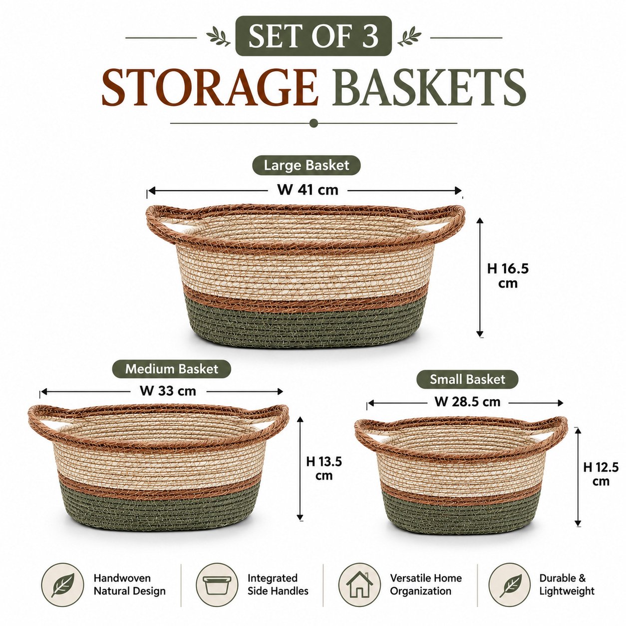 Handwoven Seagrass Storage Basket Set of 3 with Handles