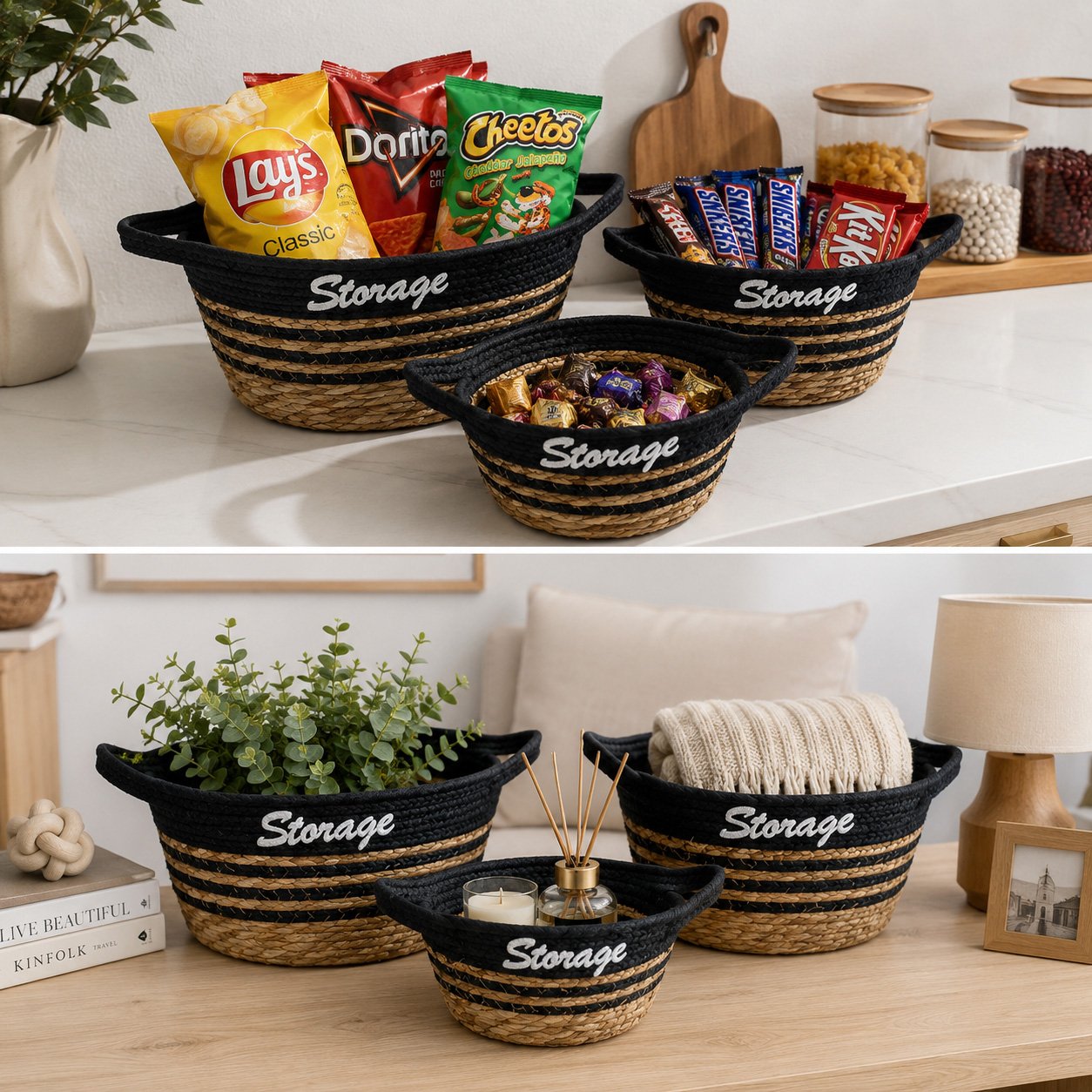 Set of 3 Woven Storage Baskets with Handles
