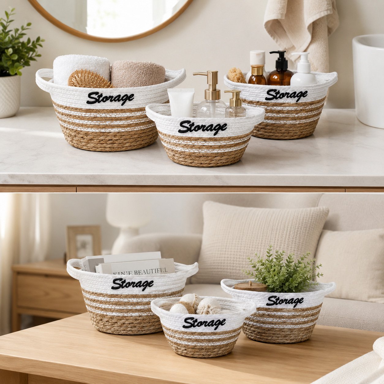 Set of 3 Woven Storage Baskets with Handles