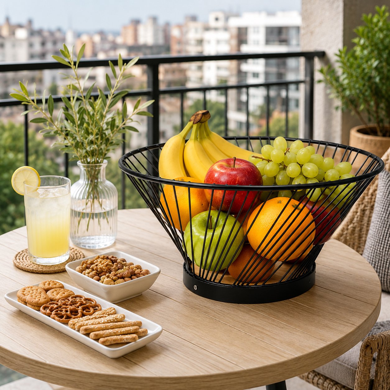 metal fruit storage basket with a natural wood base for organizing fruits, vegetables, bread, and household essentials.