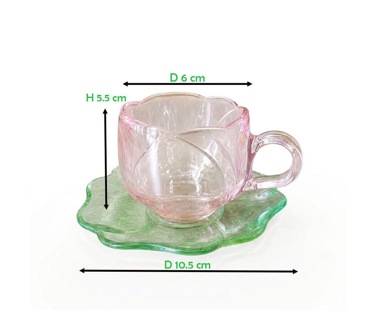 Pink Floral & Green Glass Coffee Cups and Saucers Set of 6