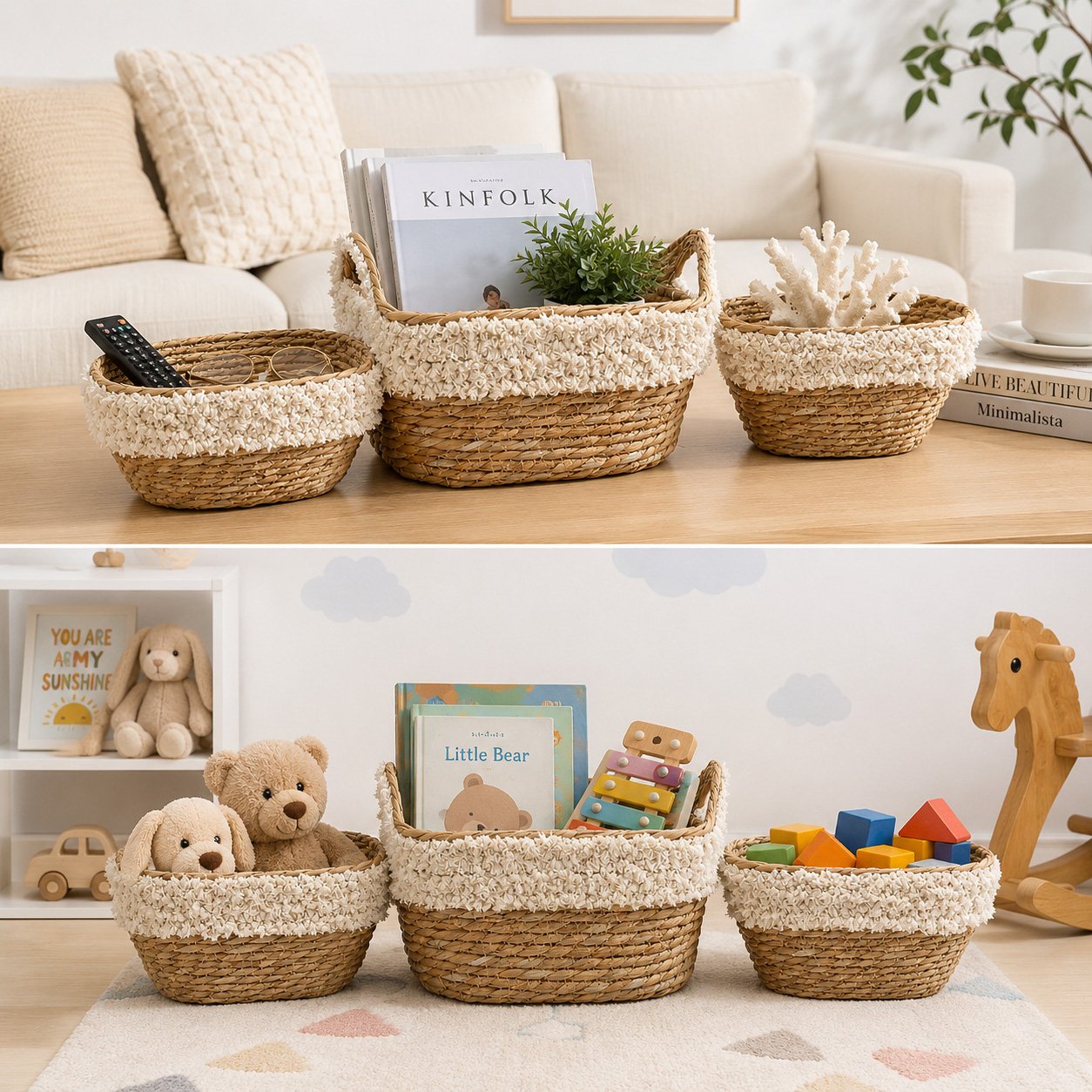 Decorative Seagrass Storage Baskets Set of 3 White Trim