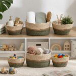 Storage Basket Set of 3 Green & Beige Woven Seagrass