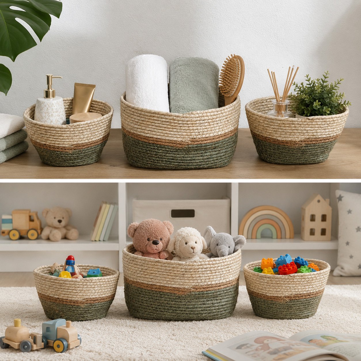 Storage Basket Set of 3 Green & Beige Woven Seagrass