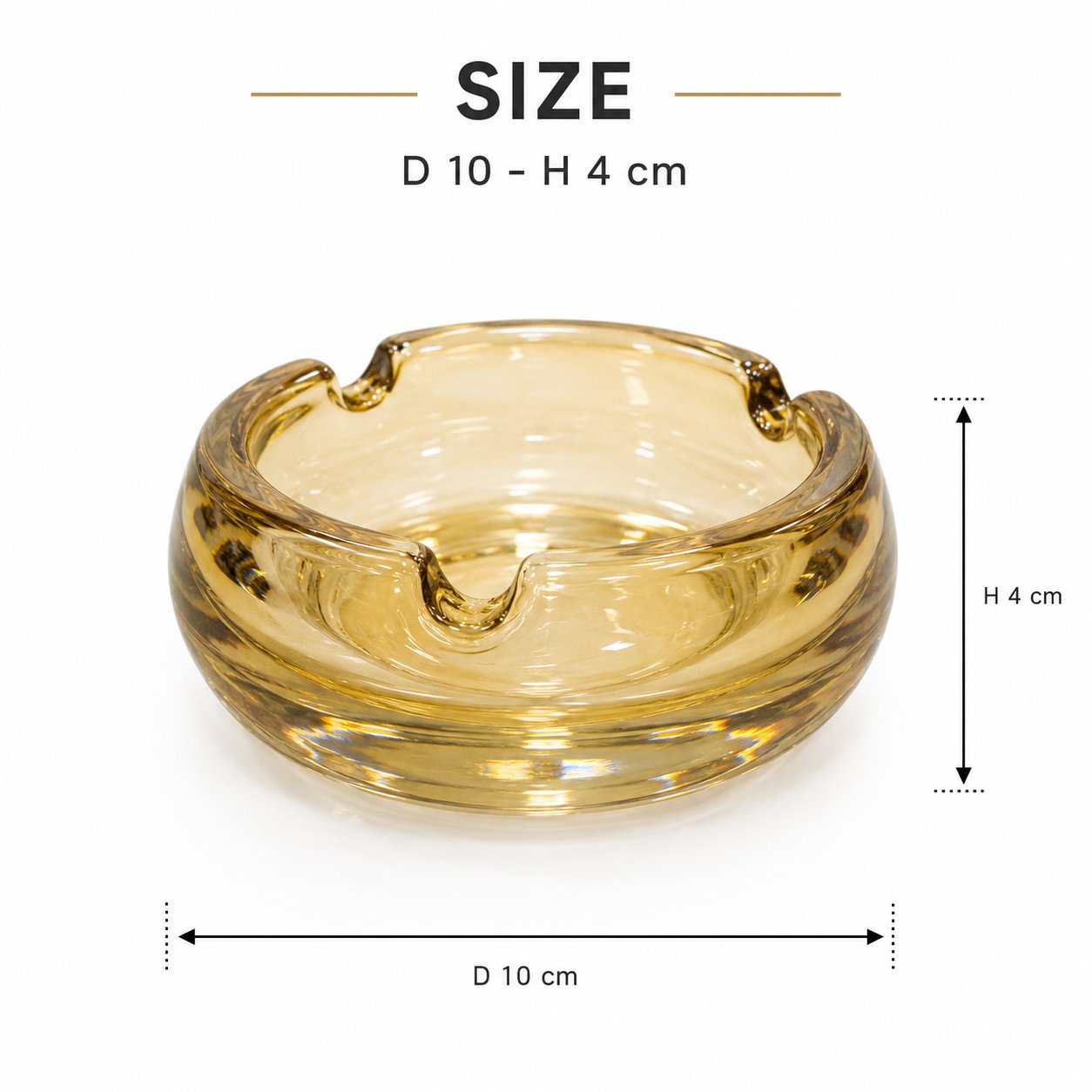 Round 10 cm thick glass ashtray with 3 cigarette rests in a transparent smoke-colored finish.