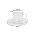 Set of 2 durable clear glass Arabic coffee cups with matching glass saucers for serving hot beverages.