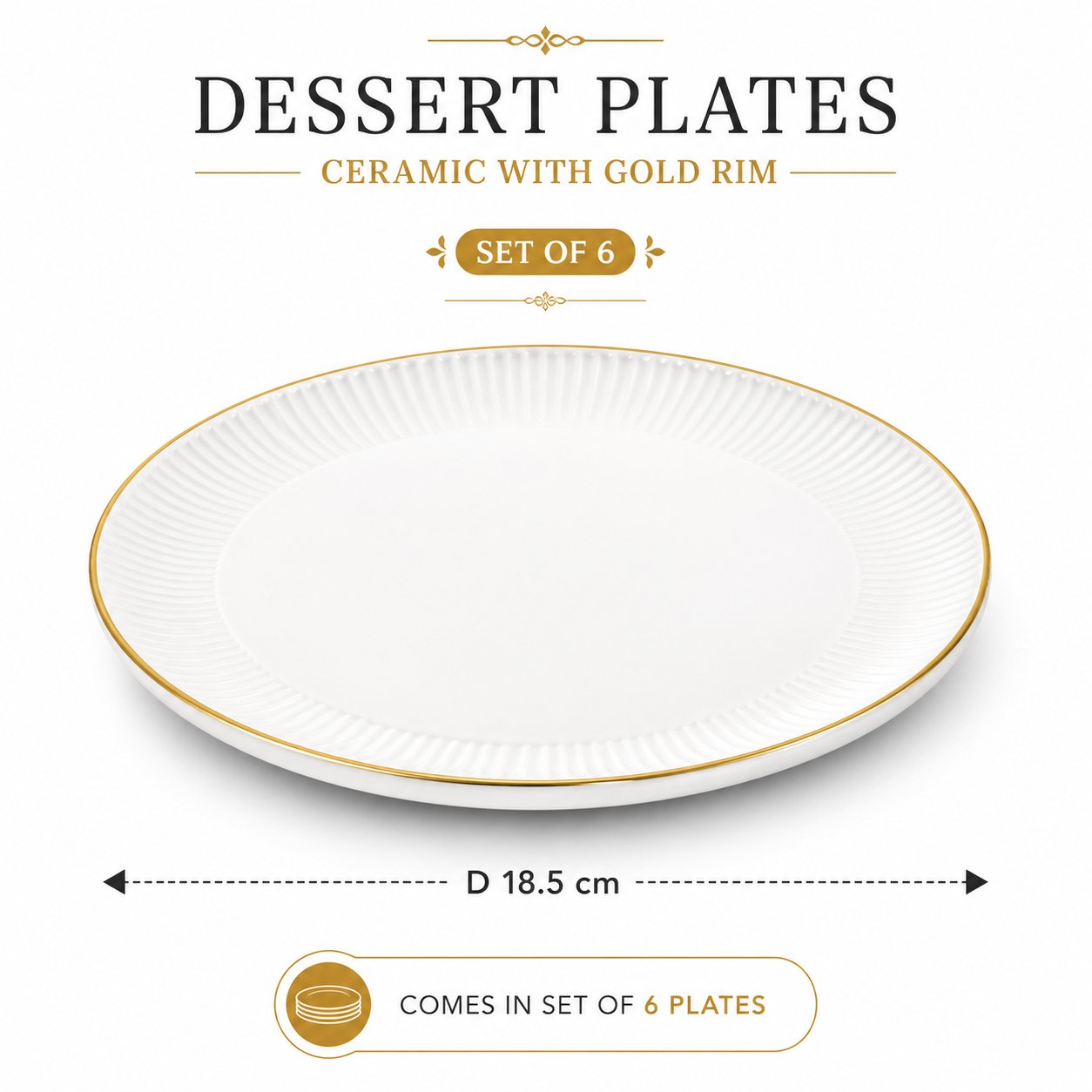 Dessert Plates Set of 6 Ceramic with Gold Rim 18.5cm