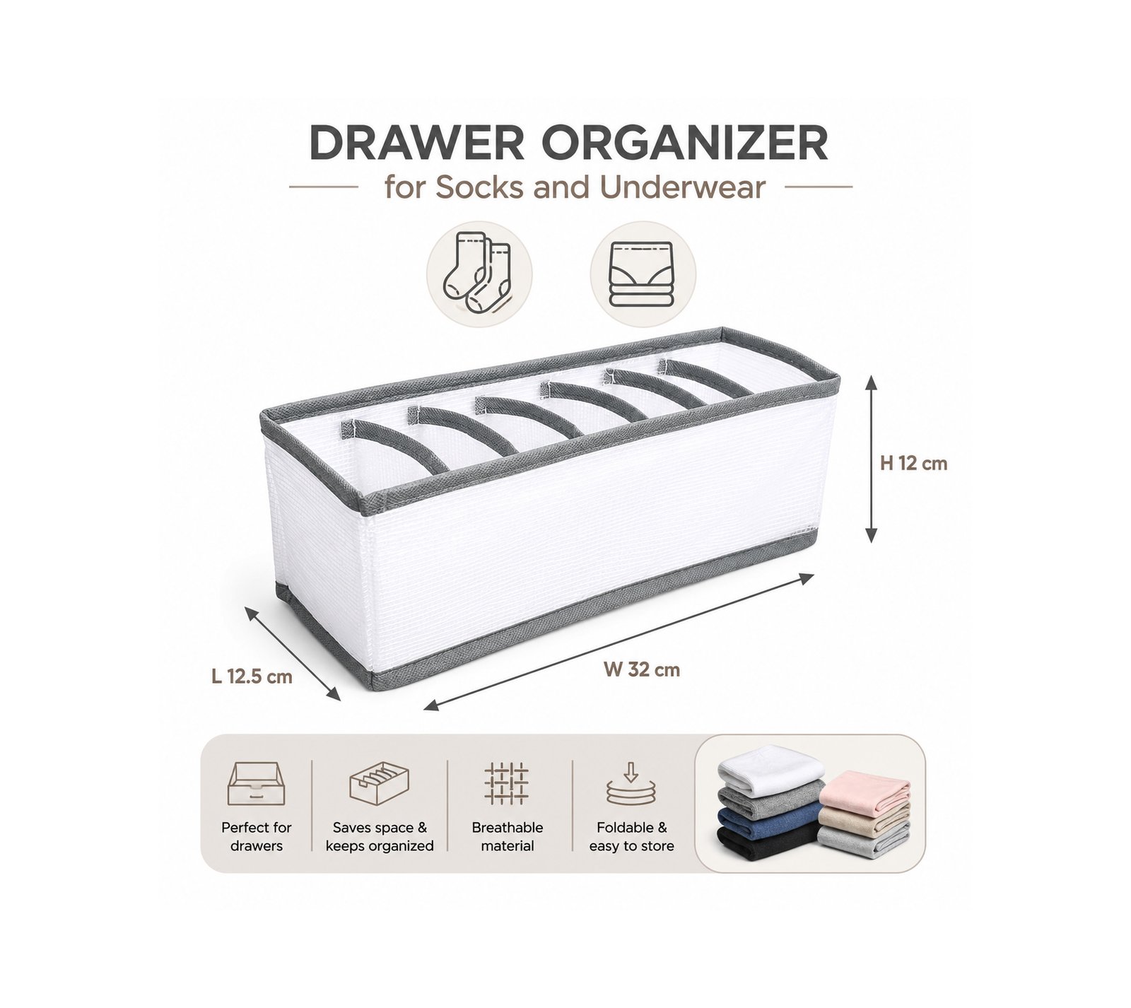 Underwear Drawer Dividers 7 Grids Grey White Foldable Organizer