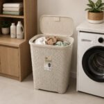 White 55 L rattan-style plastic laundry basket with lid
