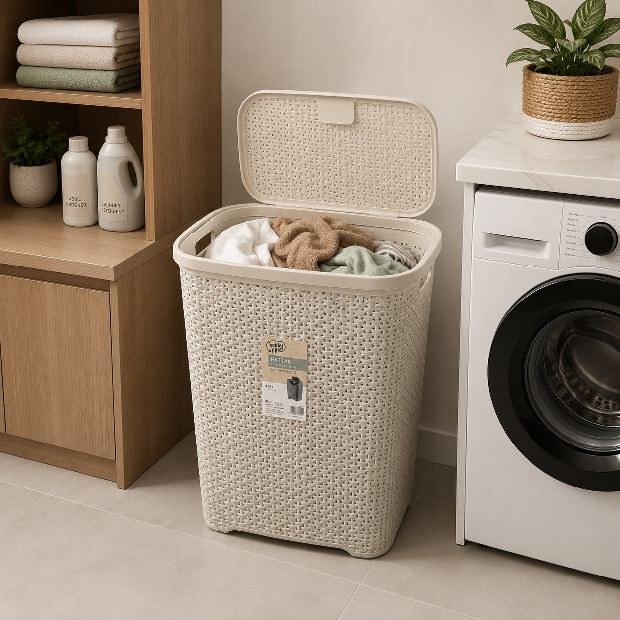 White 55 L rattan-style plastic laundry basket with lid