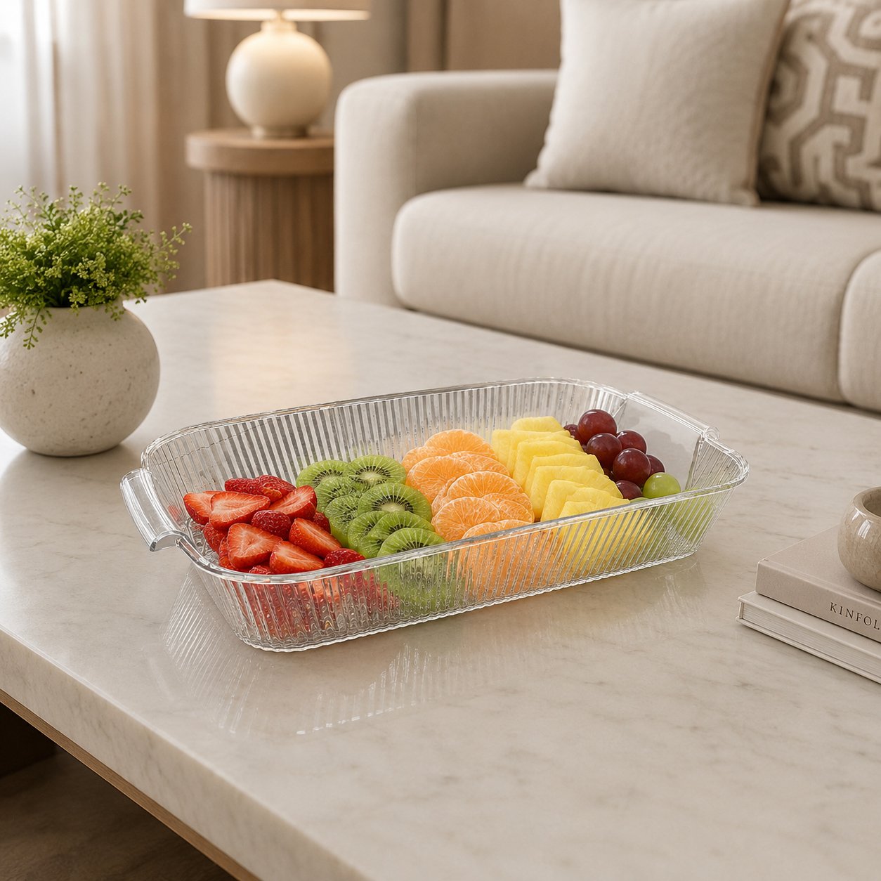 Serving Tray 32.5 cm with Handles - Clear Ribbed Design