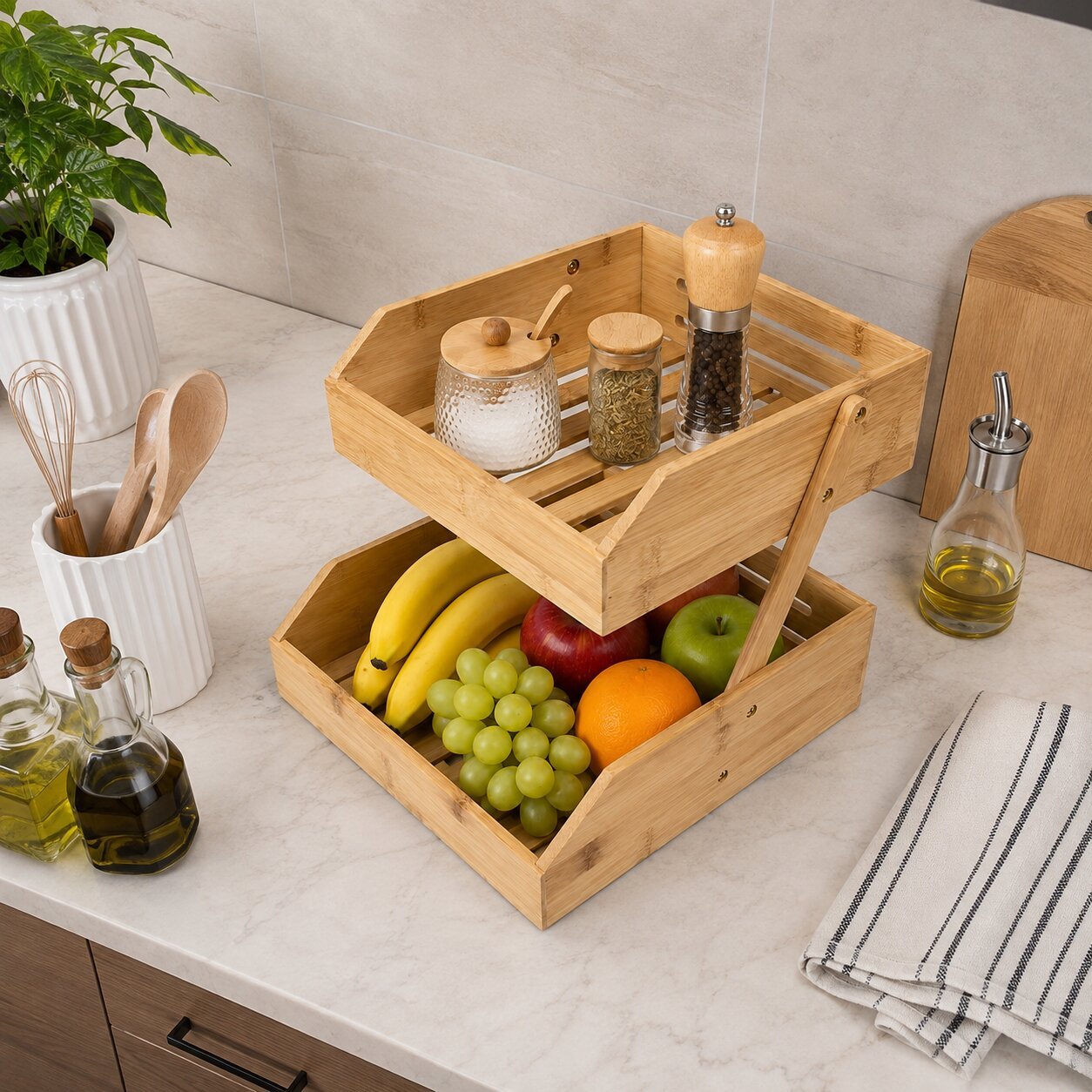 2 Tier Bamboo Fruit Basket Countertop Organizer