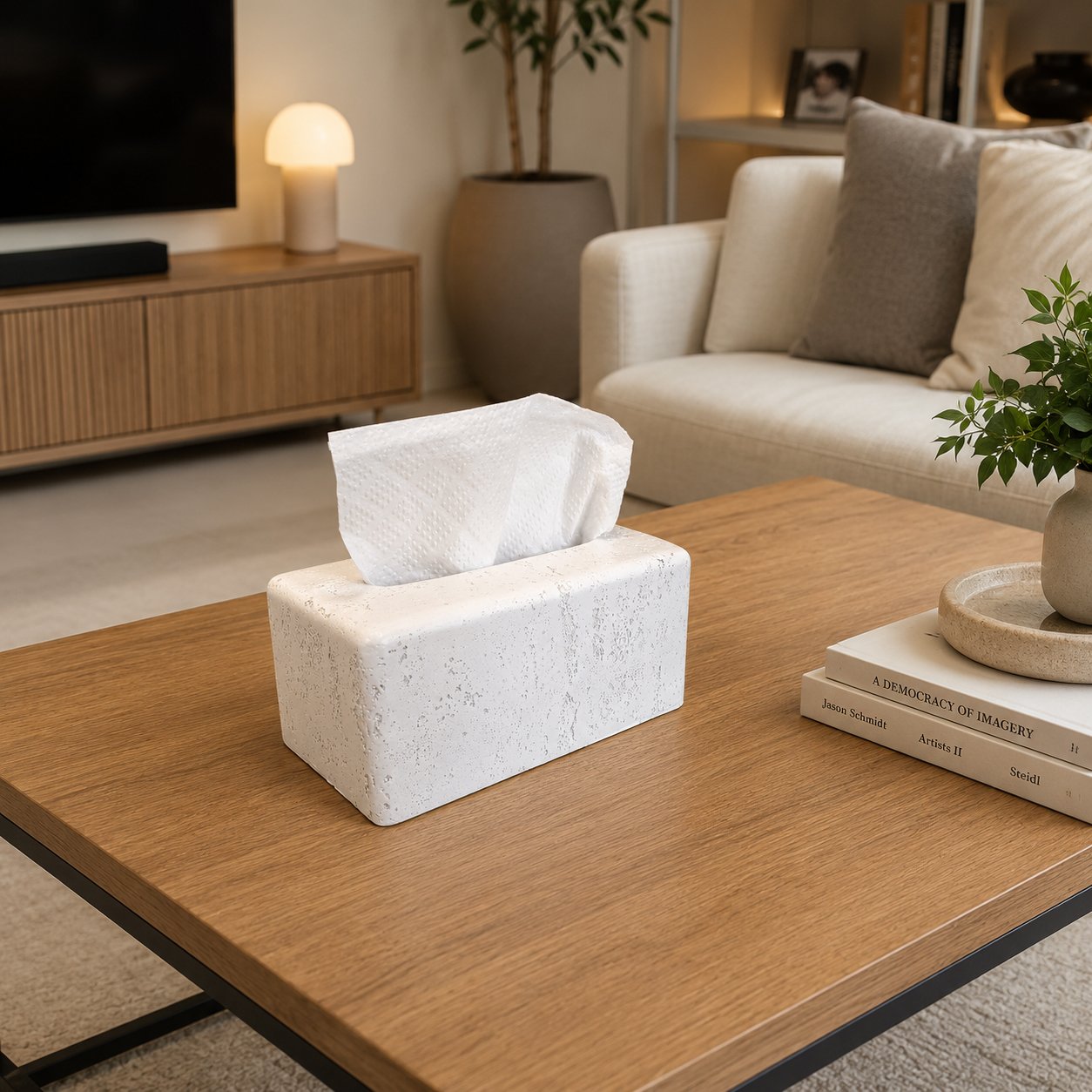 tissue box with a magnetic detachable dark wood base for easy tissue refilling,