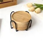 Set of 6 round bamboo drink coasters with black metal storage holder