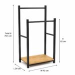 Black 2-tier metal towel stand with wooden storage shelf for bathroom use