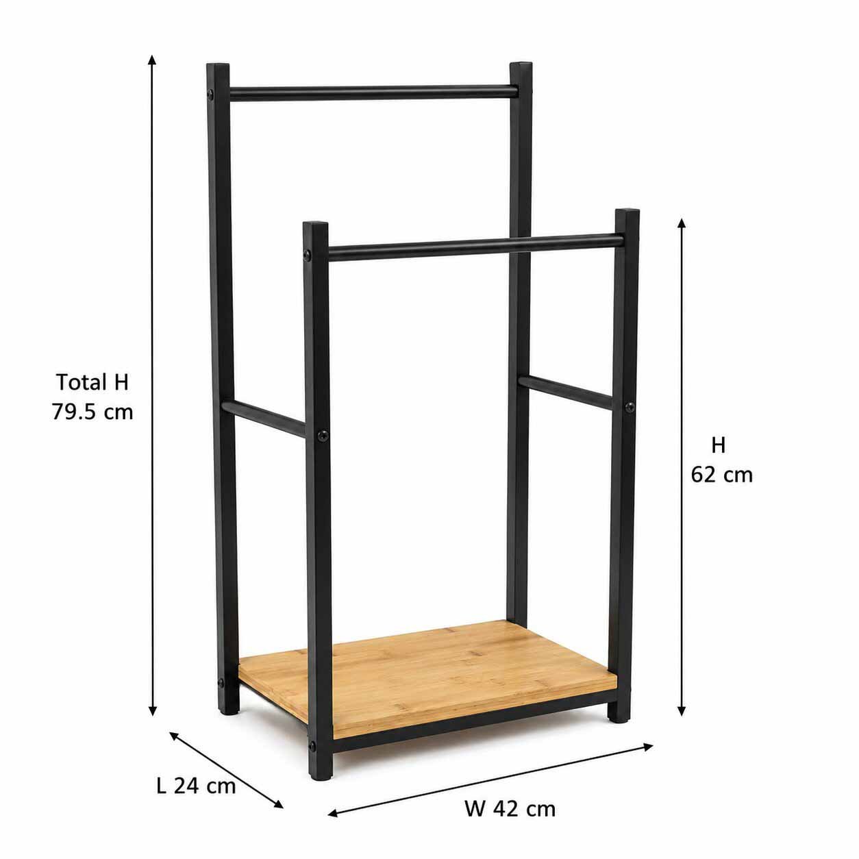 Black 2-tier metal towel stand with wooden storage shelf for bathroom use