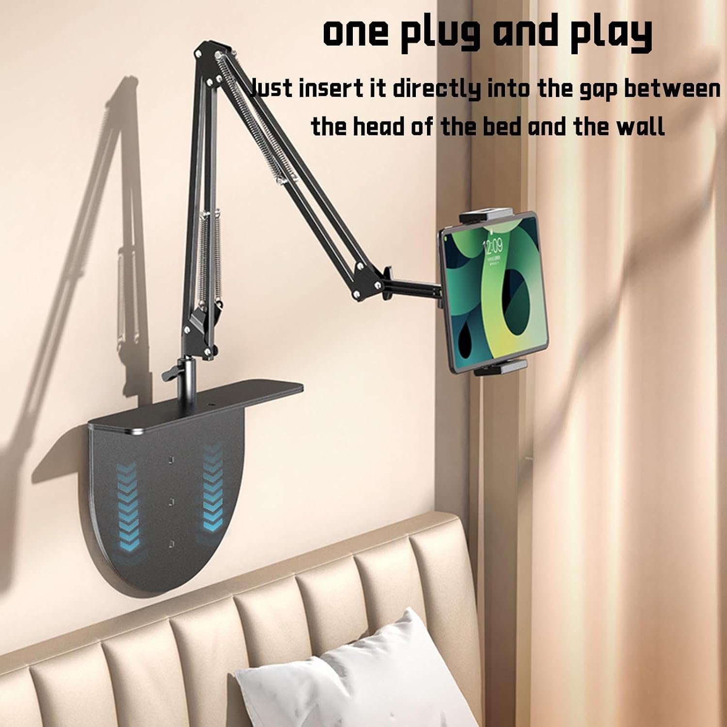 long-arm metal desktop phone and tablet stand with weighted round base