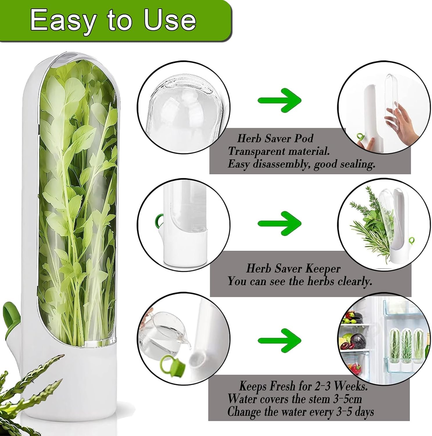 Food-safe plastic fresh herb saver with water reservoir for refrigerator storage