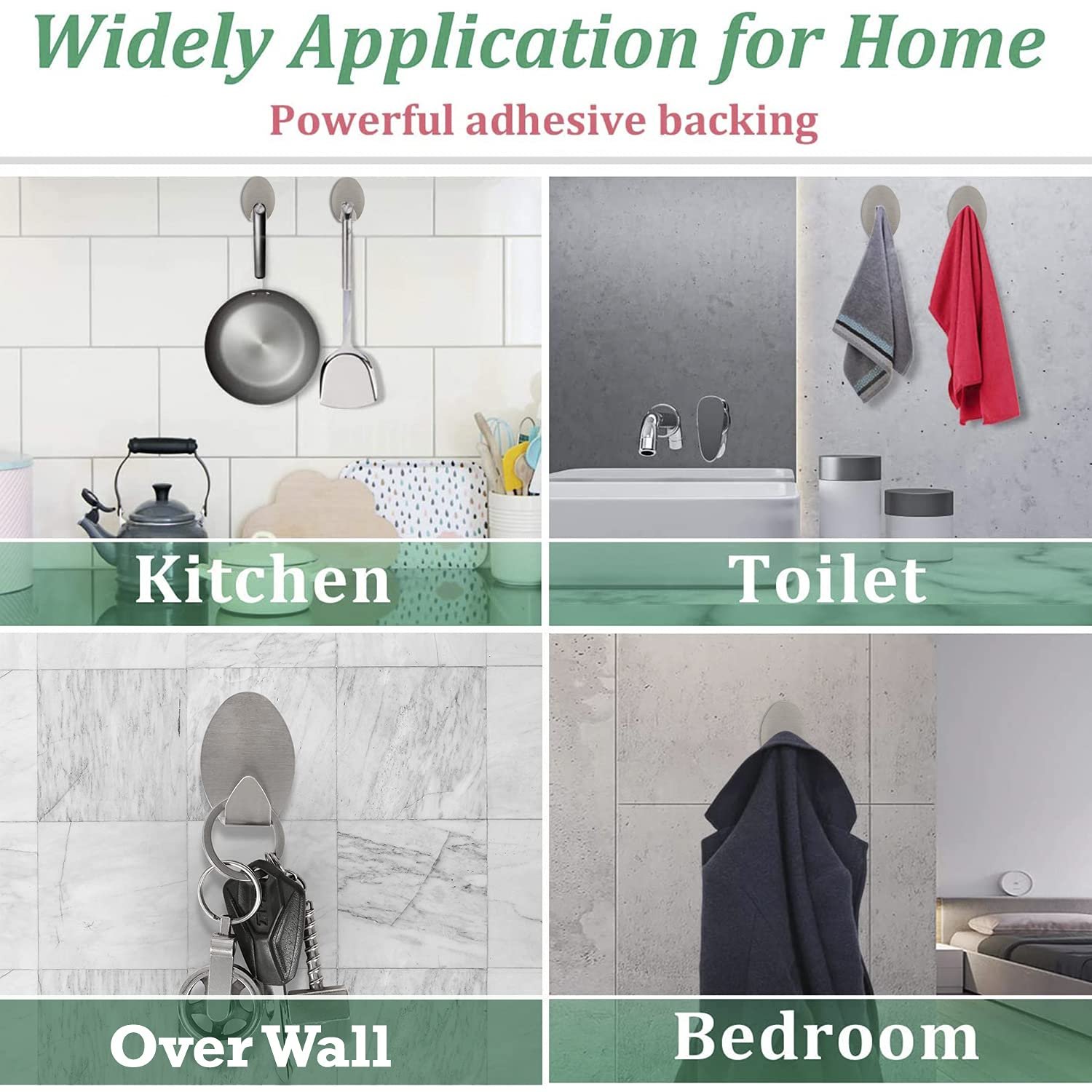 Set of four self-adhesive stainless steel wall hooks holding keys, towel, sponge, and bath loofah on a white background.