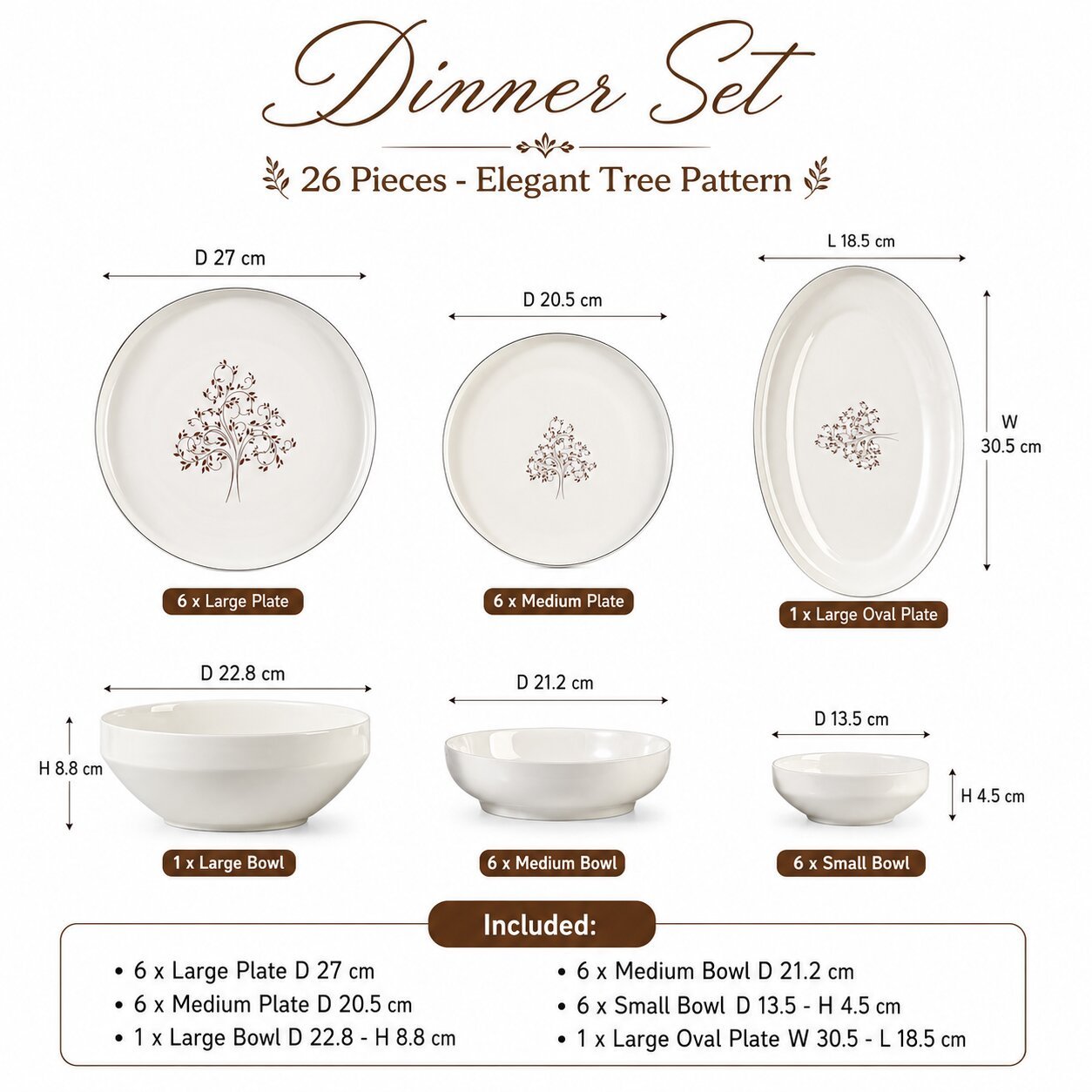 Tree Pattern Porcelain Dinner Set 26 Pieces