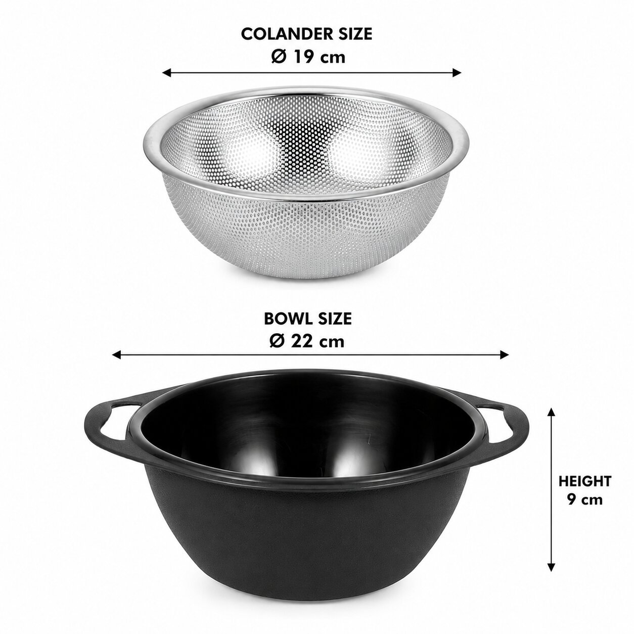 19 cm stainless steel strainer with matte black ABS plastic bowl and side handles