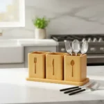 Bamboo Cutlery Holder With 3 Square Cups and Tray
