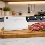 Stainless steel kitchen meat cleaver with 21 cm blade and black riveted handle