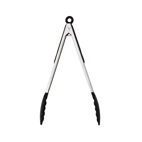 stainless steel locking kitchen tongs with black silicone tips