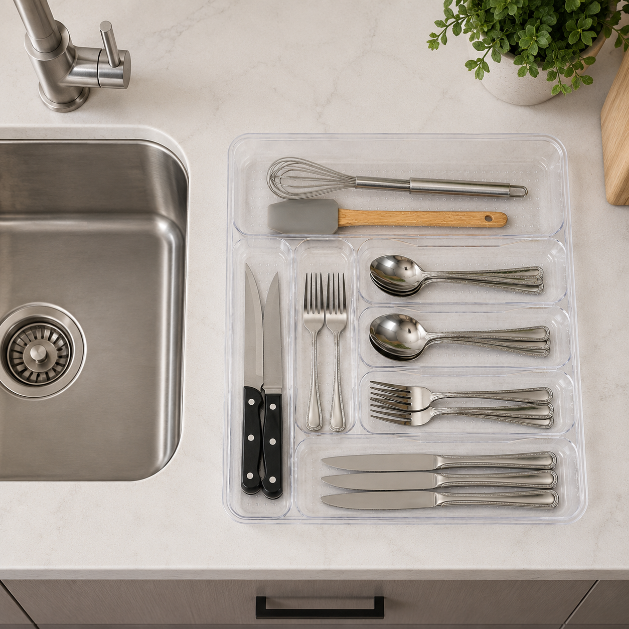 clear BPA-free plastic cutlery organizer tray with 7 compartments