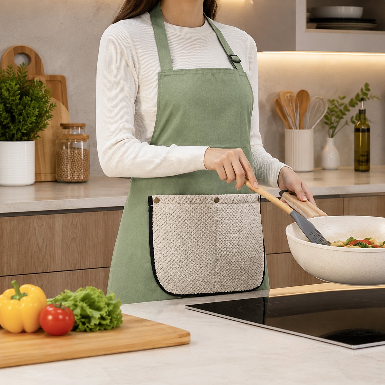 Kitchen Apron with Removable Towel and Large Pocket