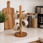 Acacia Wood Mug Tree Stand with 6 Cup Hooks