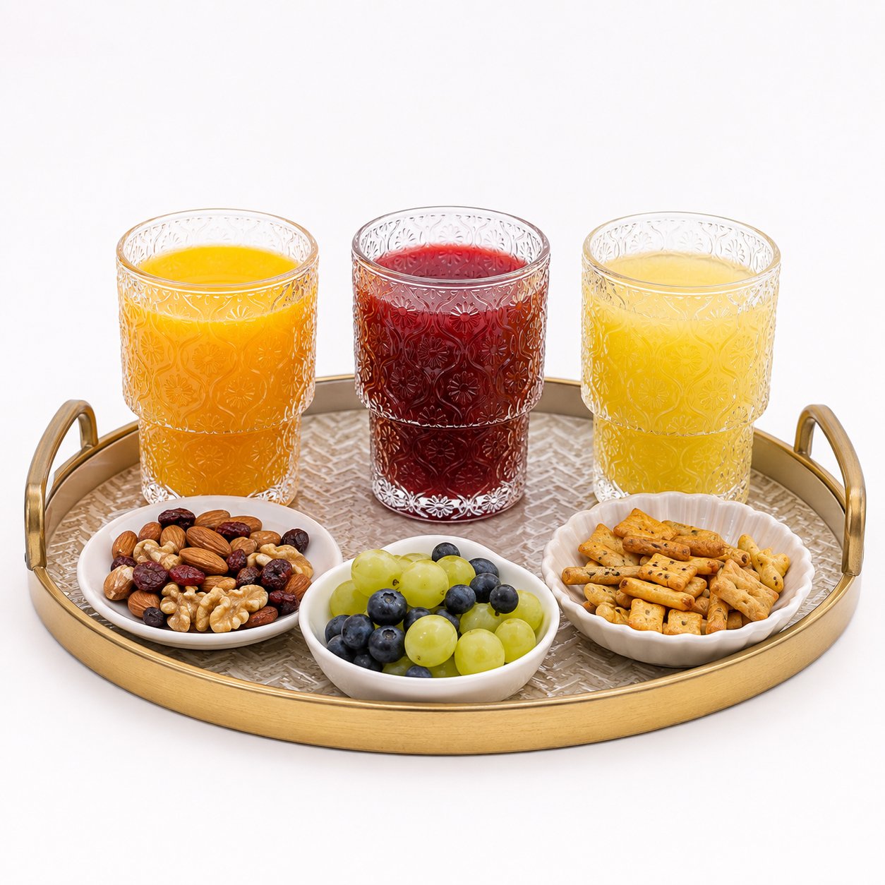 floral drinking glass tumblers with raised pattern and stackable design