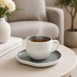 Ceramic Teacup Set of 6 Cups and 6 Grey Saucers