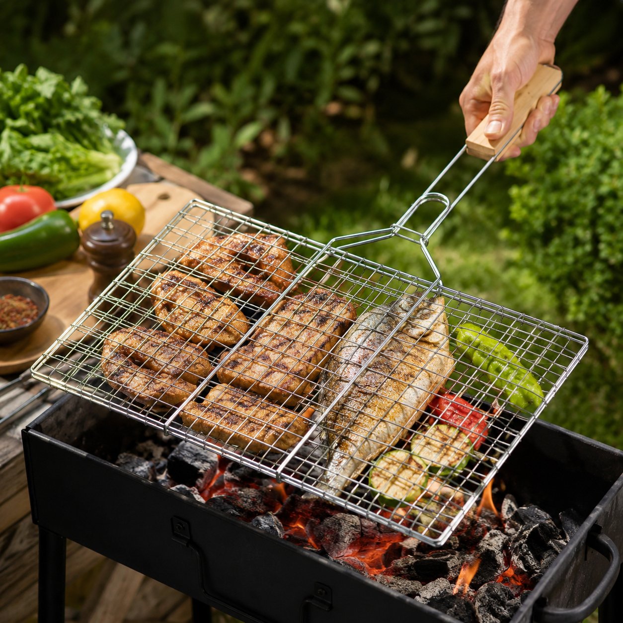 BBQ grill basket, wire mesh grill, fish grilling basket, BBQ tool