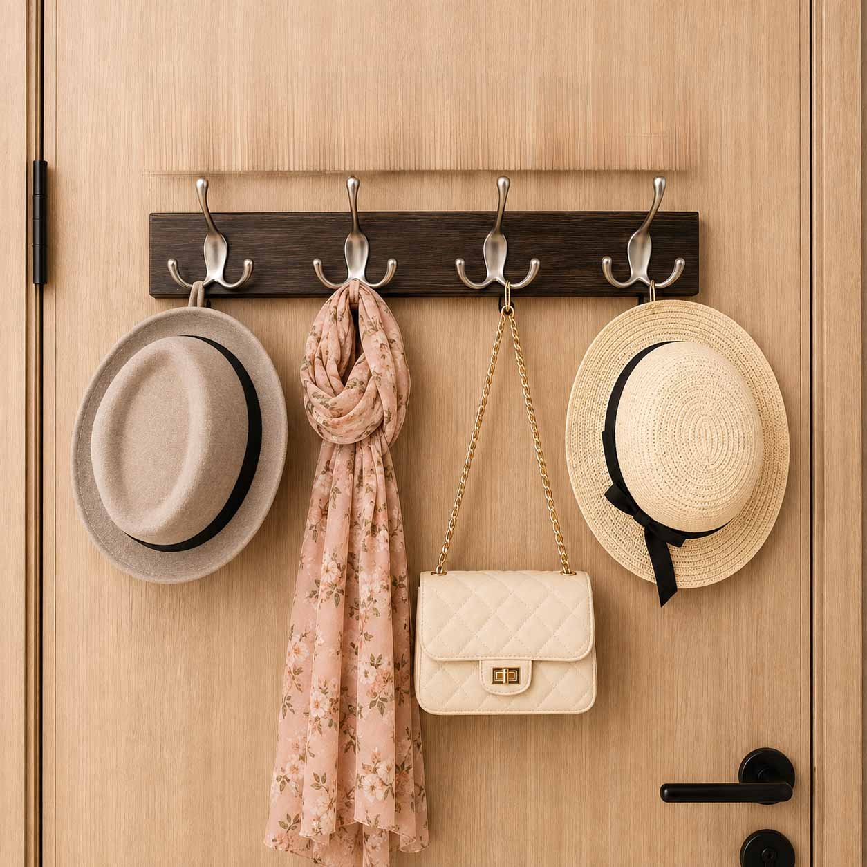 WALL MOUNTED COAT HOOK RACK WOODEN – 4 HANGERS TRIPLE HOOK EACH - HEAVY DUTY METAL HOOKS ORGANIZER 45 CM - Dark Brown
