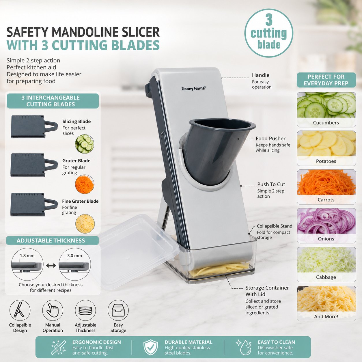 Mandoline Slicer With 3 Cutting Blades
