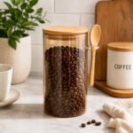 borosilicate glass storage jar with an airtight bamboo lid, attached bamboo spoon, and 1190 ml capacity for coffee, tea, sugar, and pantry storage.