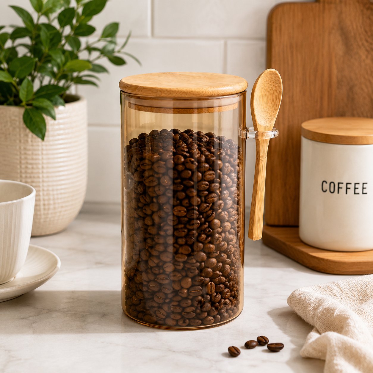 borosilicate glass storage jar with an airtight bamboo lid, attached bamboo spoon, and 1190 ml capacity for coffee, tea, sugar, and pantry storage.
